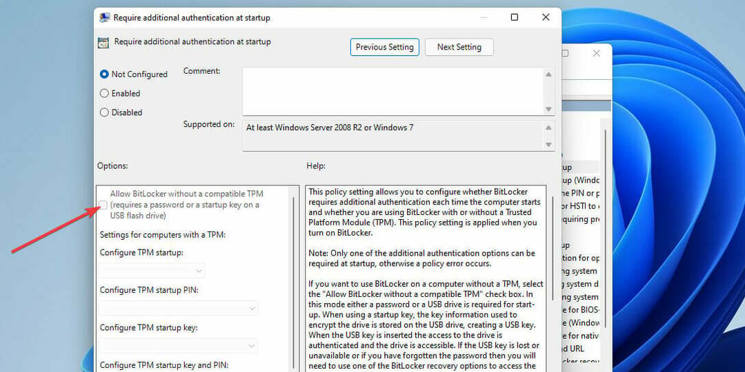 Valik Luba BitLocker ilma ühilduva TPM-ita kaitseb Windows 11 vea eest