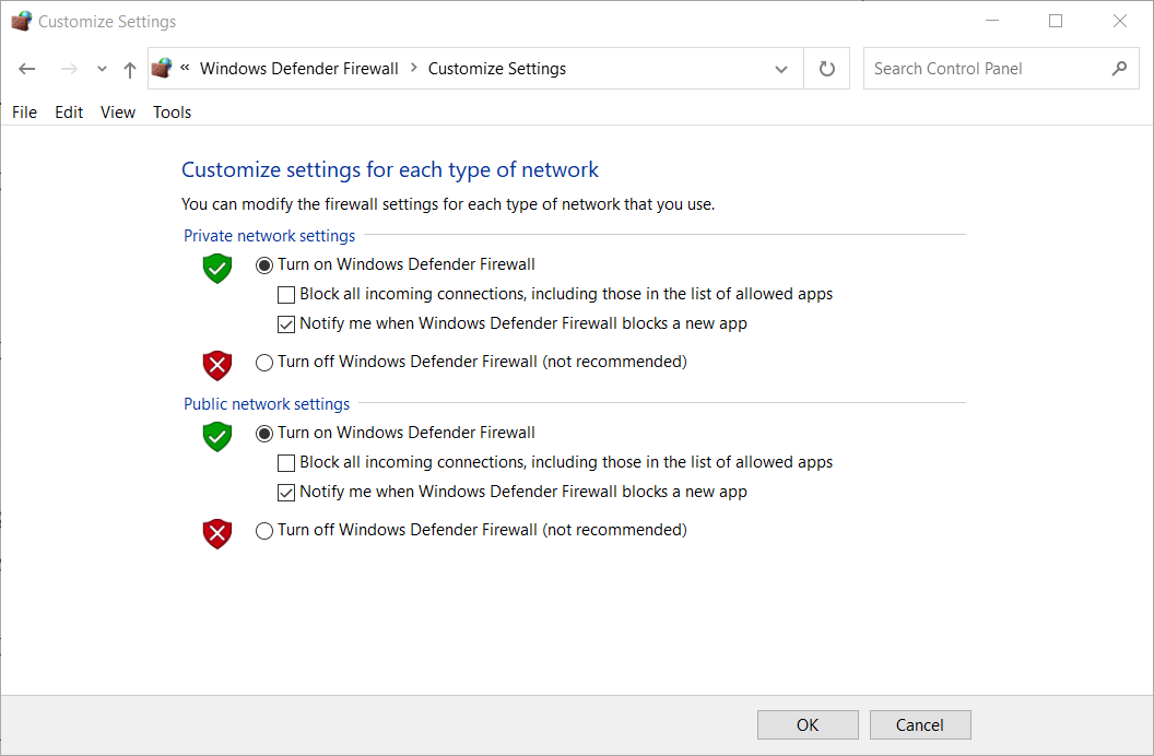 გამორთეთ Windows Defender Firewall– ის პარამეტრები, omegle კამერა არ მუშაობს Windows 10 – ით