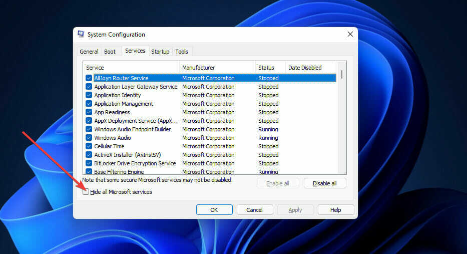 Квадратчето за отметка Скриване на всички услуги на Microsoft Windows 11 razer synapse не успя да се инсталира