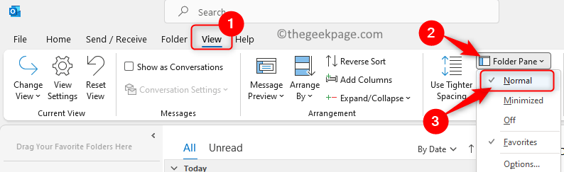 Outlookビューフォルダペイン通常最小