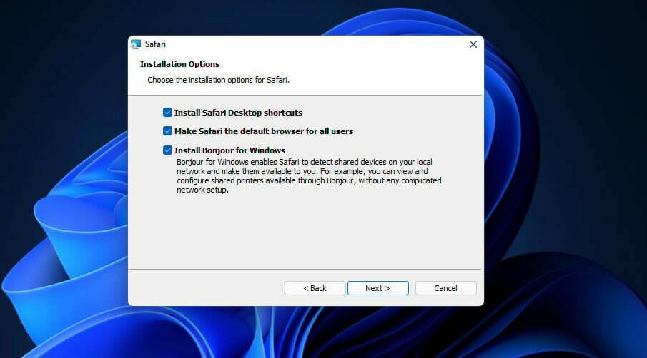 Opzioni di installazione scarica Safari Windows 11