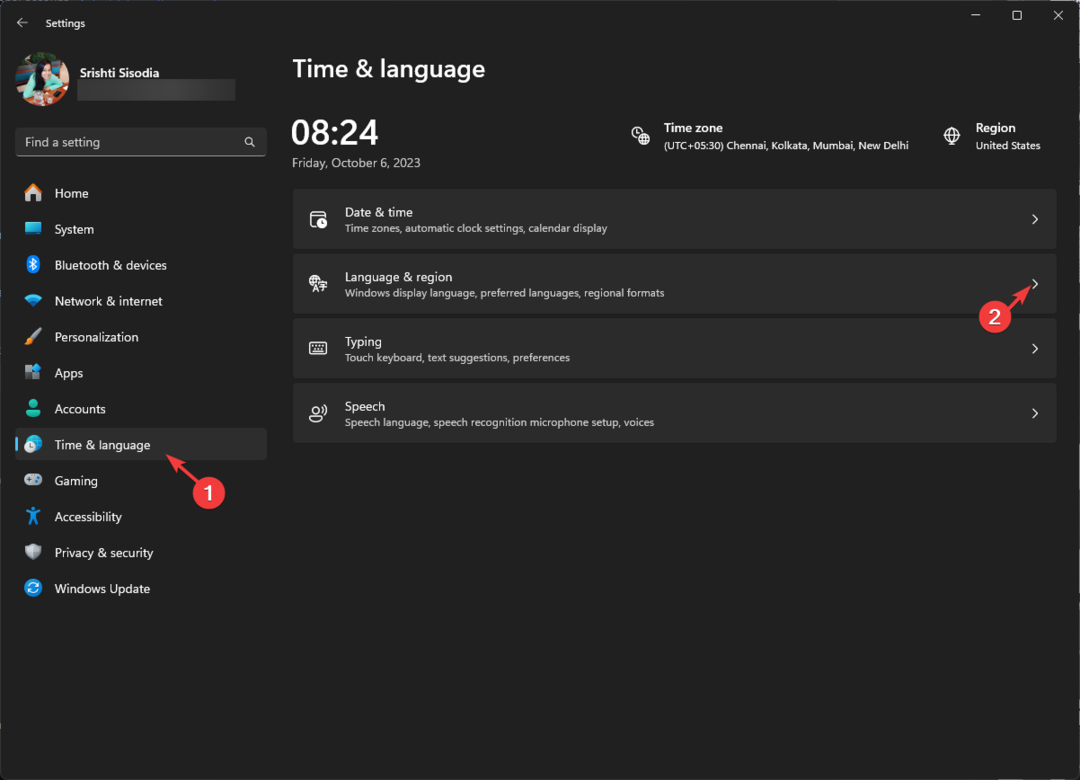 Время и язык и выберите «Язык и регион» — отключите акценты на клавиатуре Windows 11.