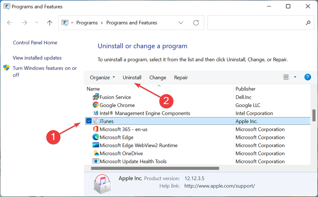 Deinstalirajte iTunes da popravite iTunes koji ne otvara Windows 11