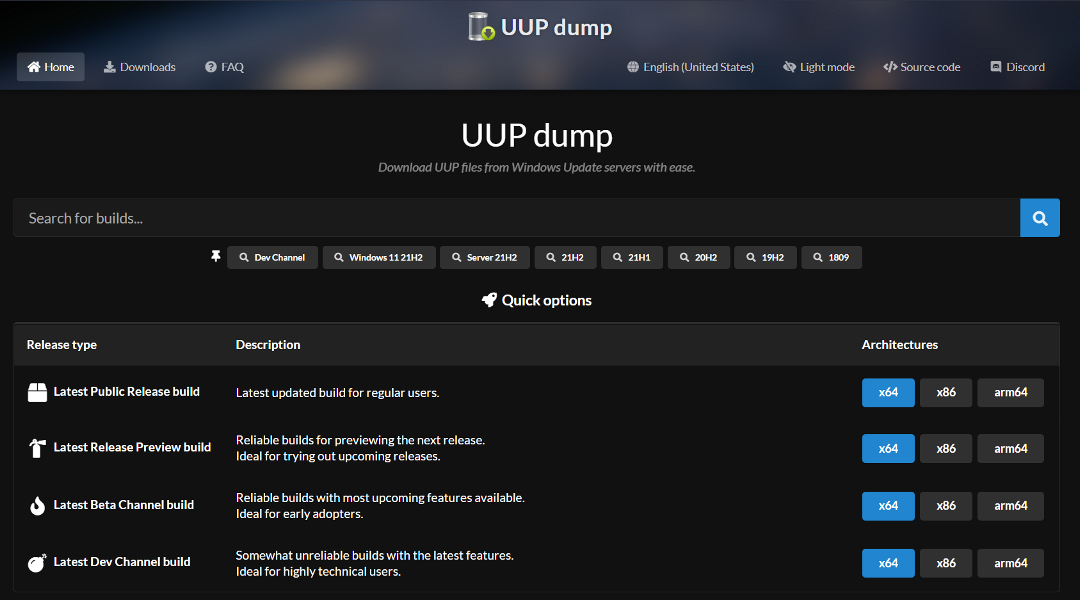 UUP 덤프: 다운로드 및 설치 Windows 11 사용
