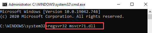 Kommandoprompt (admin) Kjør kommando for å registrere Msvcr71.dll-filen