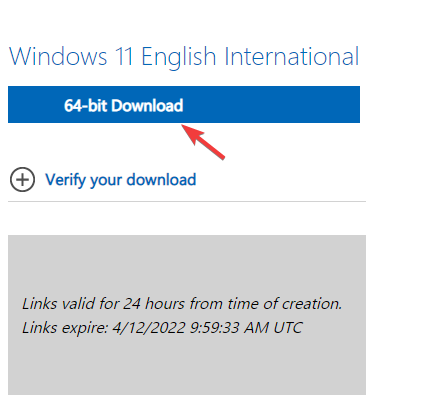 Fare clic sul collegamento per il download di Windows 11 a 64 bit