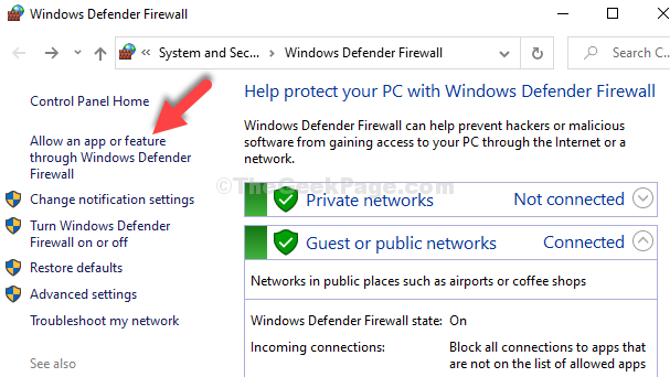 „Windows Defender“ užkardos langas leidžia programai ar funkcijoms naudotis „Windows Defender“ užkarda