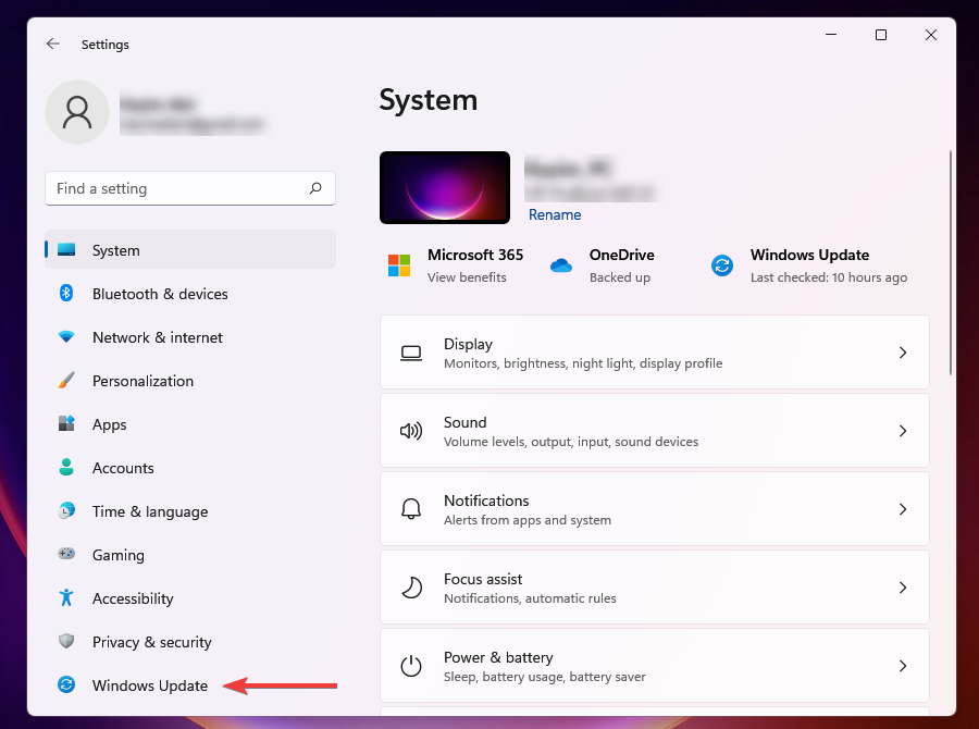 výběr služby Windows Update