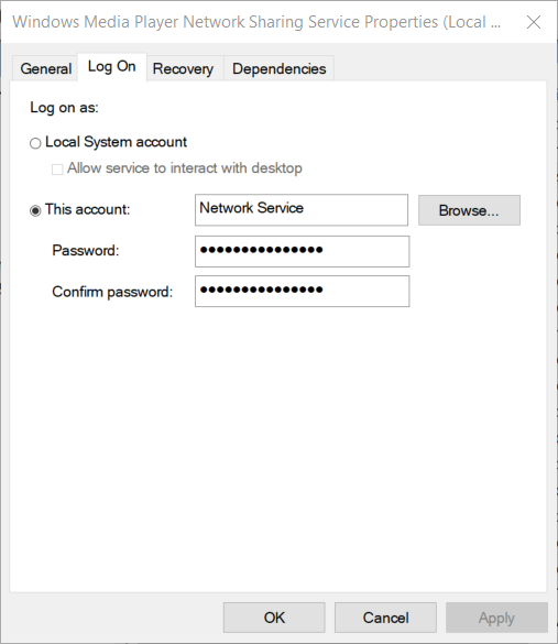 Registerkarte "Anmelden" Windows Media Player Server-Ausführung fehlgeschlagen