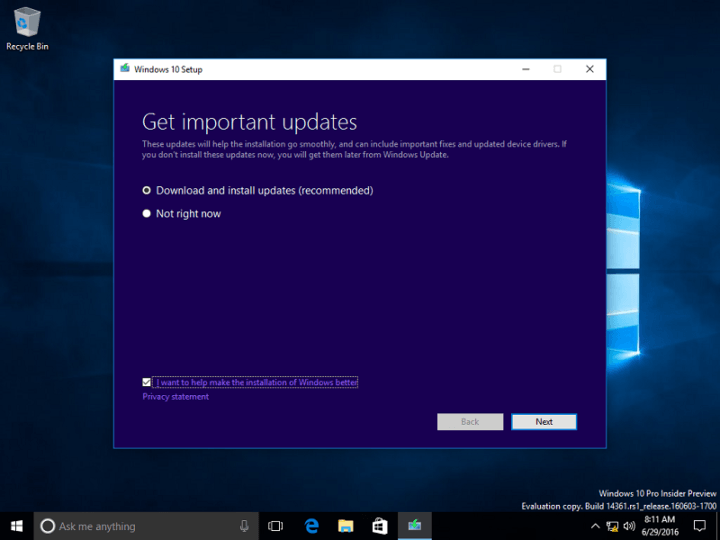 installazione dell'aggiornamento dell'anniversario di Windows 10