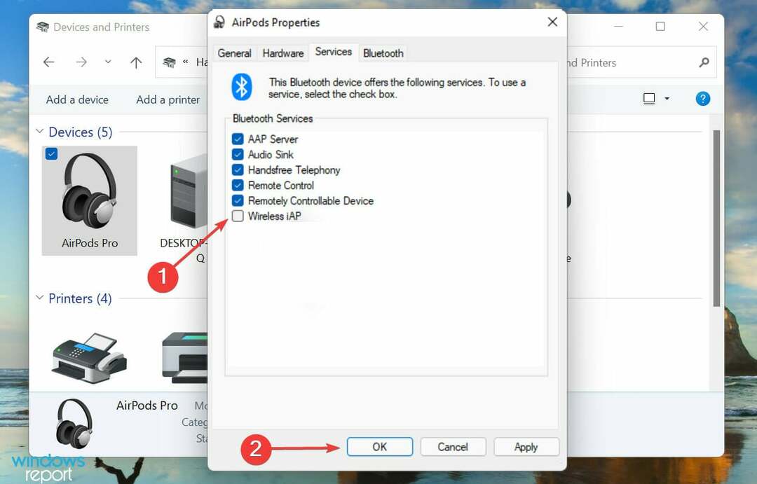 Windows 11 mittetöötavate airpodide parandamiseks keelake iAP-teenus
