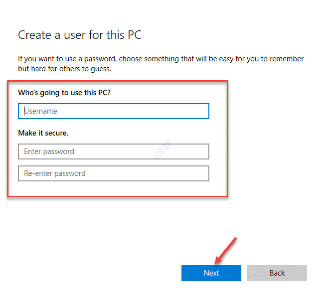 Erstellen Sie einen neuen Benutzer für diesen PC Benutzername Passwort Weiter