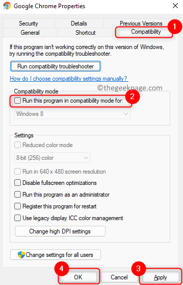 Chrome-egenskaber Fjern markeringen i Kompatibilitetstilstand Min