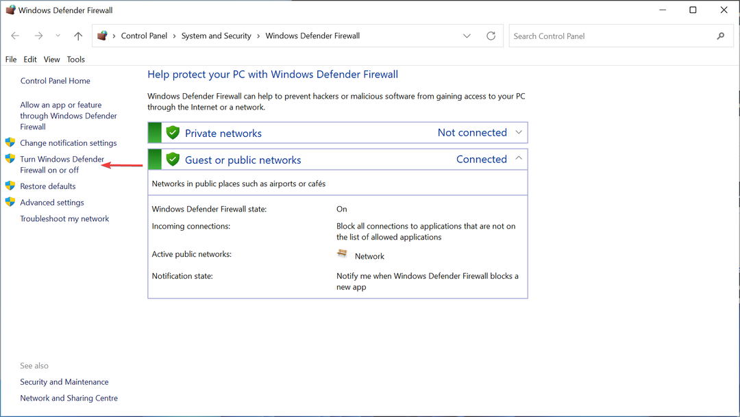დააწკაპუნეთ Windows Defender Firewall-ის ჩართვა ან გამორთვა