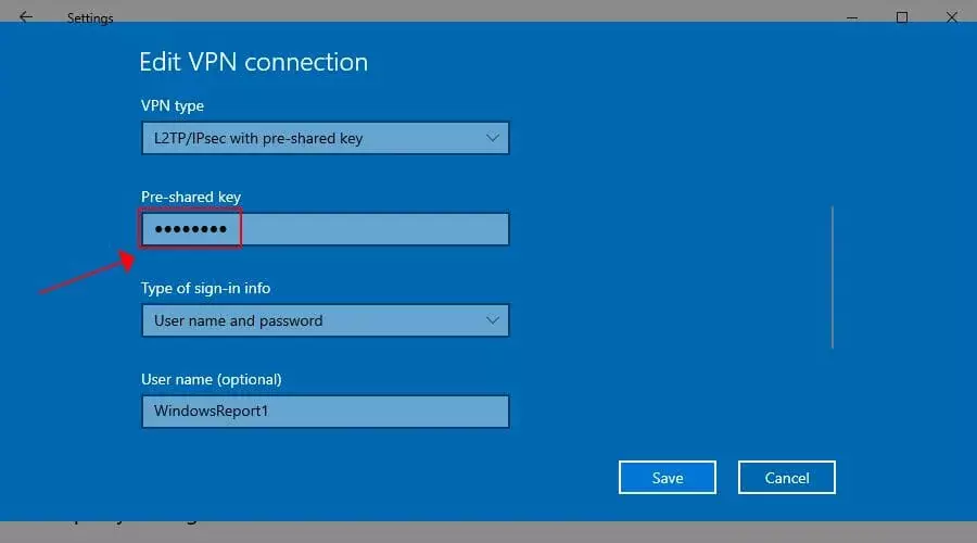 verifique la clave previamente compartida L2TP VPN en Windows 10