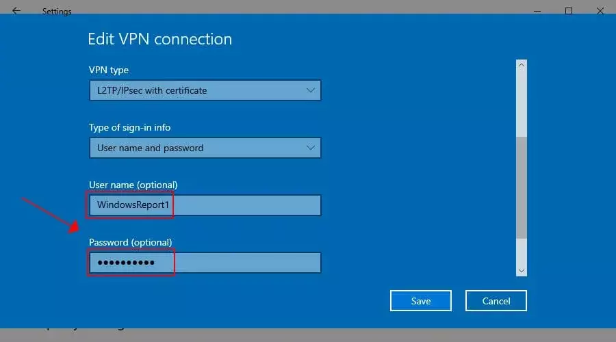 Windows 10 पर L2TP VPN उपयोगकर्ता नाम और पासवर्ड की जाँच करें