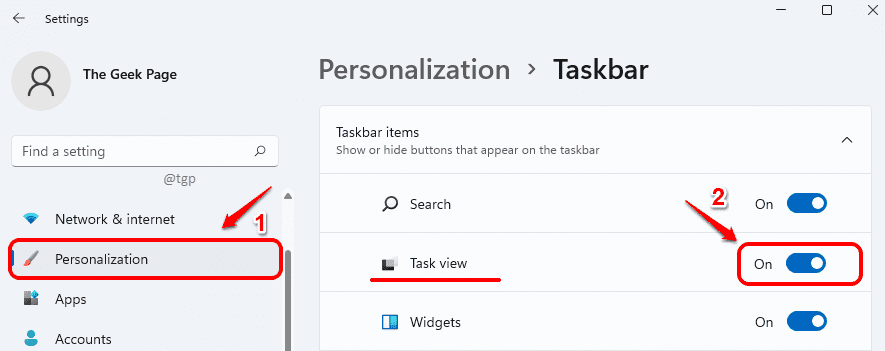 A Task View gomb engedélyezése / letiltása a Windows 11 tálcán