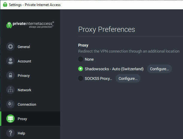Impostazioni proxy per l'accesso a Internet privato