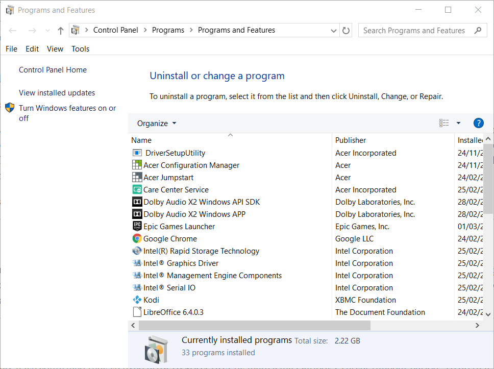 Programme de désinstallation Windows Erreur Outlook 0x8004210A sous Windows