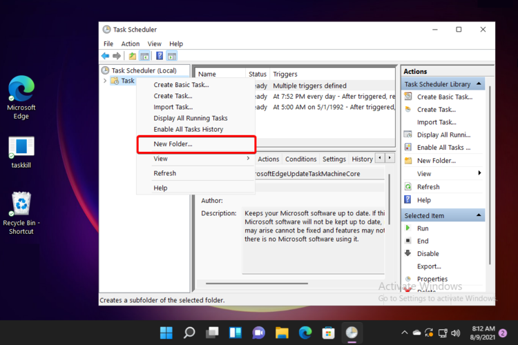 looge Windows 11 ülesannete ajakavas uus kaust