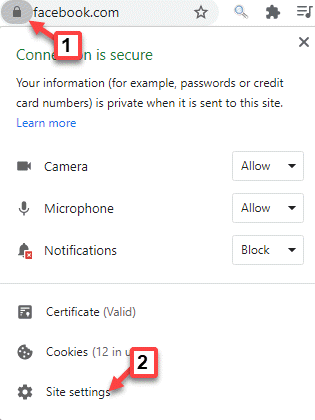 Configuración del sitio del icono de bloqueo del sitio web de Chrome