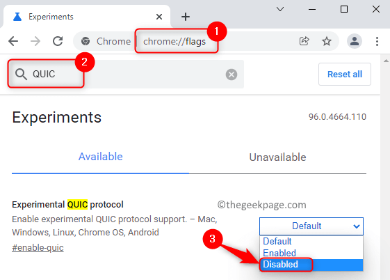 Chrome ตั้งค่าสถานะปิดใช้งาน Quic Protocol Min