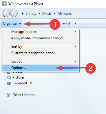 Järjestä> Asetukset WMP Windows Media Player ei voi polttaa levylle, koska asema on käytössä