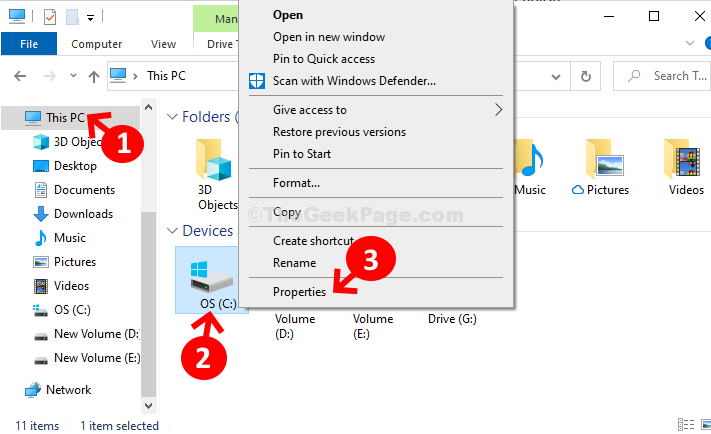 Win + E File Explorere šo PC C diska rekvizītus