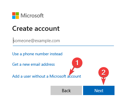 Spustelėkite Pridėti vartotoją be „Microsoft“ paskyros ir spustelėkite Pirmyn