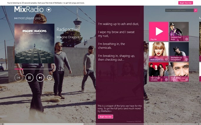 приложение Nokia Mix Radio для Windows 8