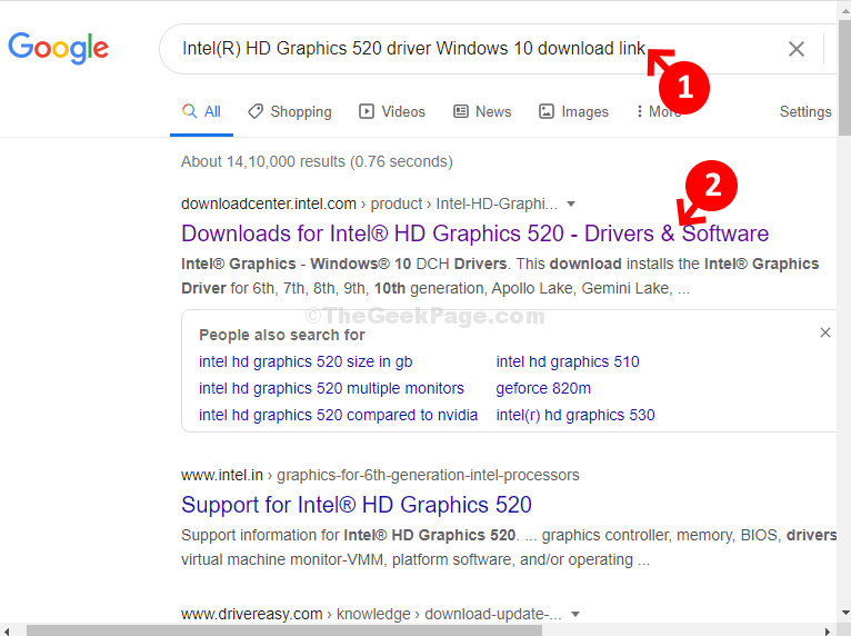 Búsqueda de Google Controlador Intel (r) Hd Graphics 520 Windows 10 Enlace de descarga 1er resultado