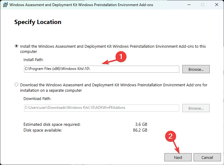Installer Windows Assessment and Deployment Kit Windows Preinstallation Environment Add-ons til installation på denne computer 