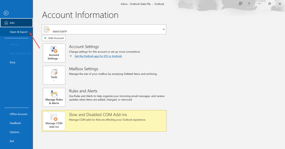 atidaryti ir eksportuoti, kad galėtumėte importuoti vaizdo korteles į „Outlook“.