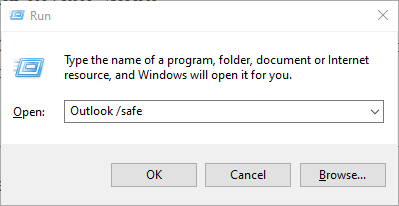 Outlook / safe-kommandot Outlook informationslagret kan inte öppnas