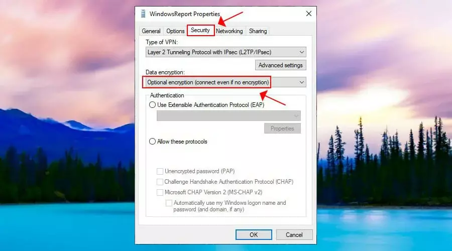 aseta valinnainen VPN-tietojen salaus Windows 10:ssä