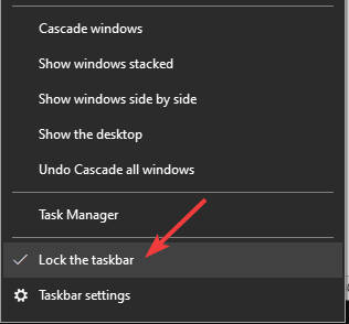 قفل عناصر شريط المهام المثبتة على شريط المهام تختفي Windows 10