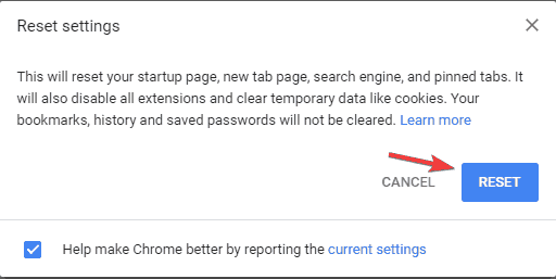 Restablecimiento de Google Chrome 