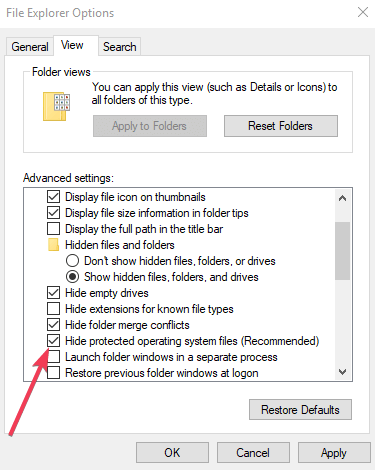Masquer les options du dossier de l'explorateur de fichiers des fichiers du système d'exploitation protégés
