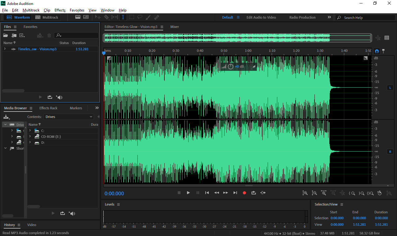 Fereastra principală Adobe Audition