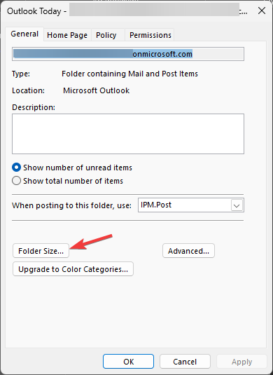 Opțiunea pentru dimensiunea folderului pasul 1 Găsirea dosarului în Outlook