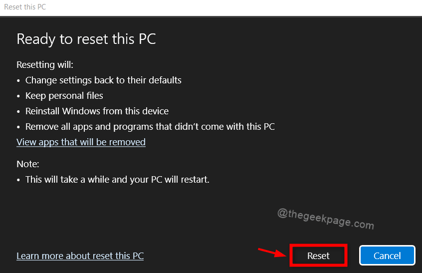 Tlačidlo Reset na úplné resetovanie systému Windows 11zon