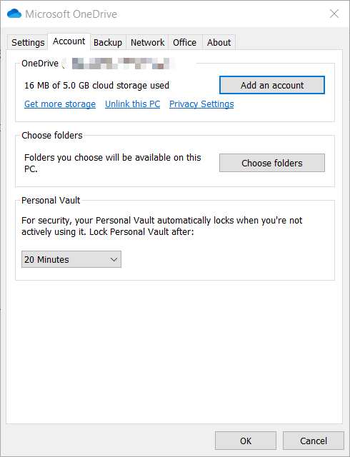 Fereastra de setări pentru backupul filei OneDrive pentru OneDrive