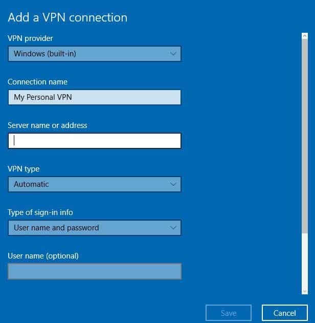 სერვერის სახელი ან მისამართი VPN ლეპტოპისთვის Windows 10