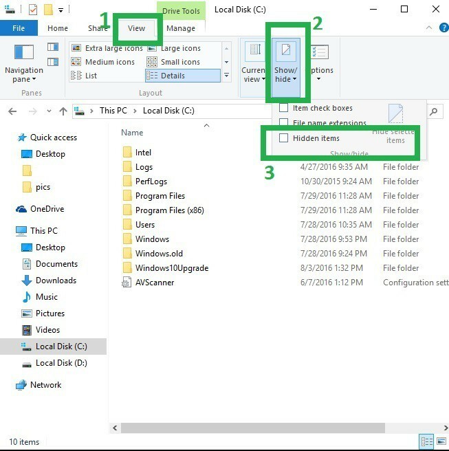 gizli dosyaları göster windows 10
