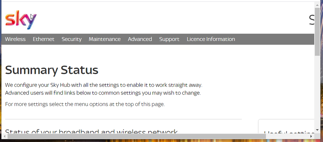 Pagina di accesso del router Sky ethernet che aumenta nel task manager