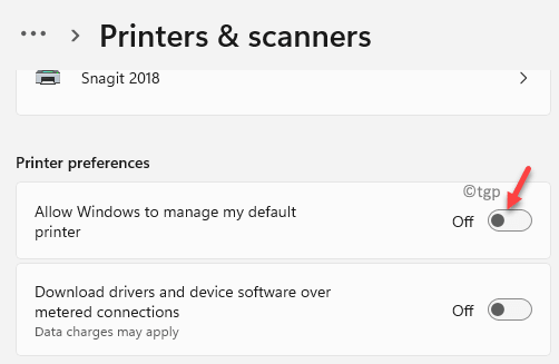 Printers Scanners Printervoorkeuren Laat Windows mijn standaardprinter beheren Uitschakelen Min