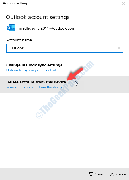 Configurações da conta do Outlook Excluir conta deste dispositivo