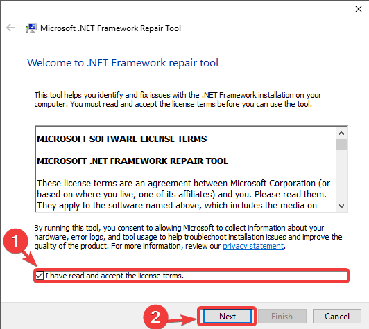 Lizenzbedingungen akzeptieren Browserkonfiguration fehlgeschlagen auf dem folgenden .NET Framework