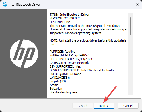 Klikk på Neste installer bluetooth-driveren på nytt windows 10
