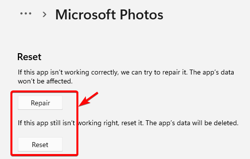 reparați sau resetați fotografiile Microsoft